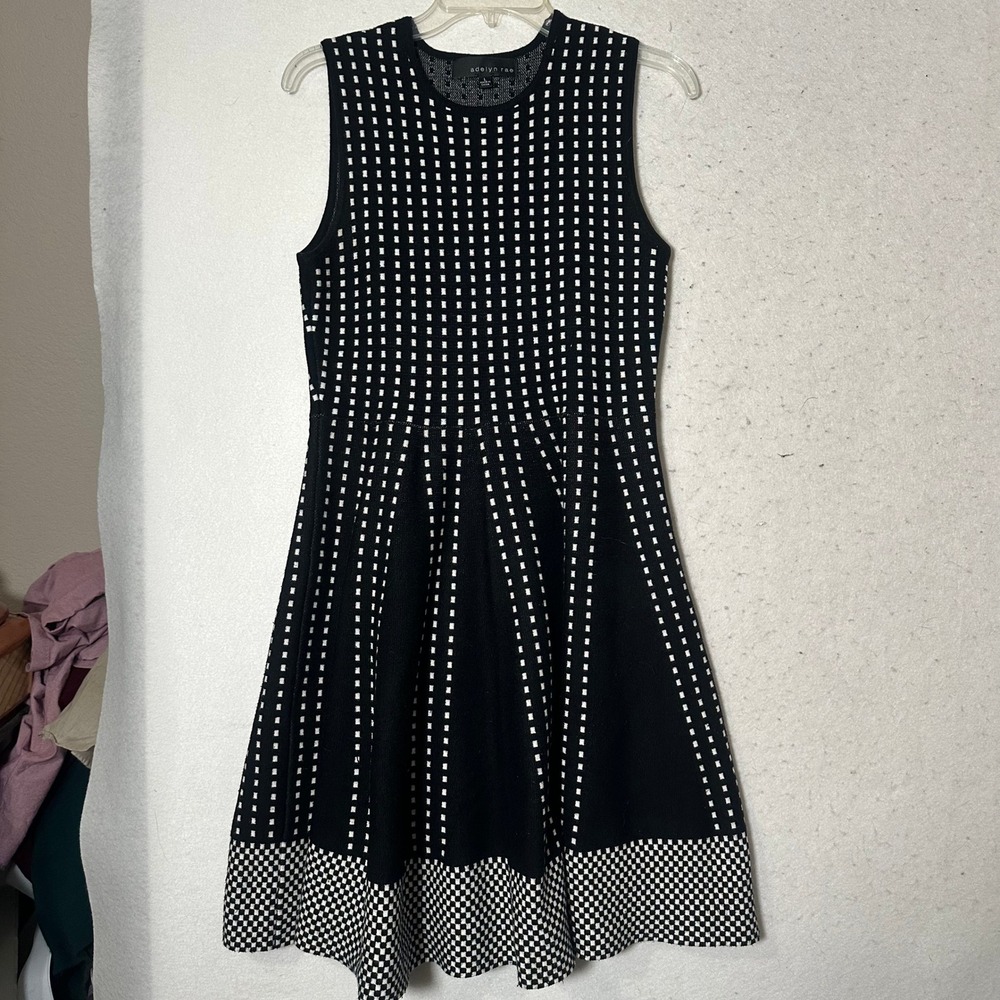 Adelyn Rae Black White Geometric Knit Fit Flare Dress L pin up Sleeveless